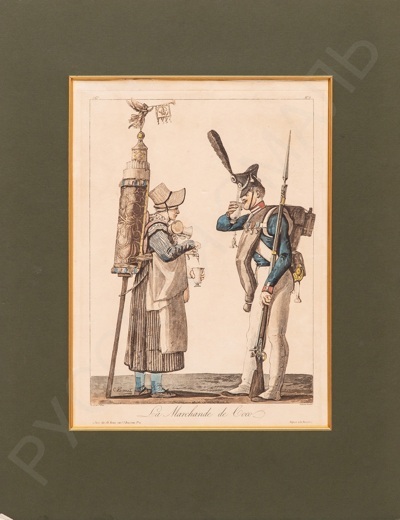 Дебюкюр (Debucourt) Филипп-Луи (1757– 1832). Продавщица лакричной воды и русский гвардеец. 1814 год.