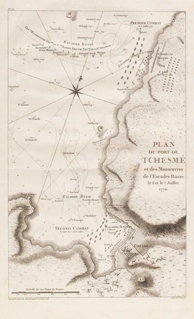 Перрье (Perrier) Ж. по рисунку графа Шуазеля-Гуфье (Choiseul-Gouffier) Марии Габриеля (1752–1817). План порта Чесма и маневров русской эскадры 5–7 июля 1770 года. 1776 год.