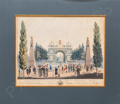 Шпринк (Sprink), Христиан Фридрих (1769-1822?) Вид на Триумфальную арку в честь праздника 100-летнего юбилея состязания в стрельбе по птицам.